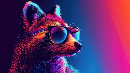 Plexiglas keuken achterwand Roze Vibrant Pixel Art Animals Wearing Sunglasses in Futuristic Technological Landscape of Big Data and Information