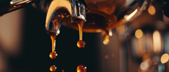 Closeup of a coffee drip process, focus on the dripping drops, warm ambiance