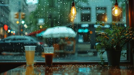 Cinemagraph of rain outside a cafe window, serene and contemplative - obrazy, fototapety, plakaty