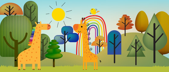 Cute cartoon giraffe character on forest landscape background vector illustration.