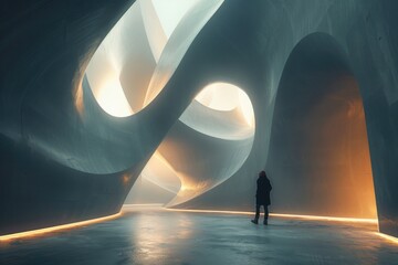 A lone figure stands in awe within an illuminated, surreal geometric structure, evoking a sense of discovery and isolation - obrazy, fototapety, plakaty