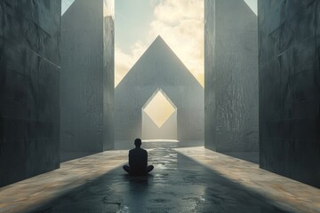 A serene meditator faces symmetrical geometric shapes, bathed in diffused daylight, symbolizing clarity and inner alignment
