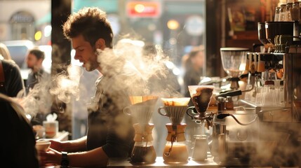 Frantic barista in a crowded coffee shop, steam and cups flying, dynamic