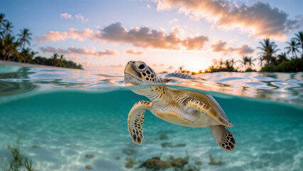 Tropical Sunrise: A Young Sea Turtle Explores the Crystal-Clear Waters of a Paradisiacal Beach. - obrazy, fototapety, plakaty