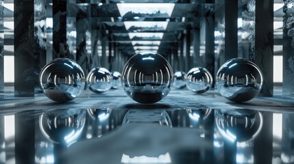 3D abstract art of metallic spheres floating over a mirrored floor
