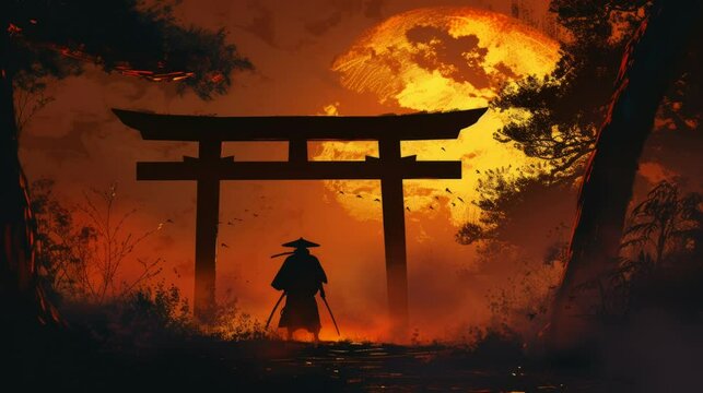 landscape of samurai silhouettes in front of the torii gate at night with the moon in the background. Seamlessly looped animation.
