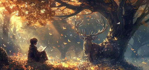 Enchanted forest reading with majestic stag and autumn leaves