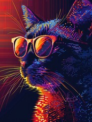 Digitally Rendered Feline Wearing Sunglasses Amid Vibrant Futuristic Data Landscape