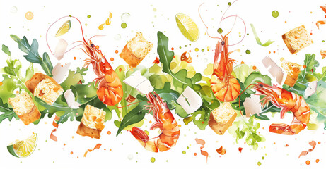 Obraz na płótnie Canvas The image is a vibrant watercolor illustration depicting the ingredients of a Caesar salad in mid-air, creating an illusion of movement. The central focus is on succulent, pink-cooked shrimp with tail