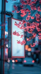 Vertical shape digital signage featuring a dark gray frame Sakura flowers are blooming