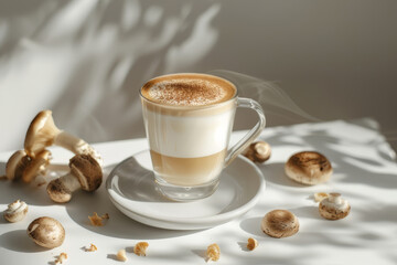 Mushroom coffee in a glass cup on a white table. Modern food industry concept.