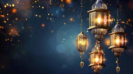 Fototapeta na wymiar Ramadan Kareem with golden crescent moon, golden lantern, islamic decorative elements template