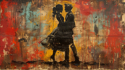 In the heart of the metropolis, a graffiti stencil captures the allure of love through a vintage...