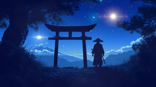 samurai in the japanese temple at night. Seamlessly looped animation.
