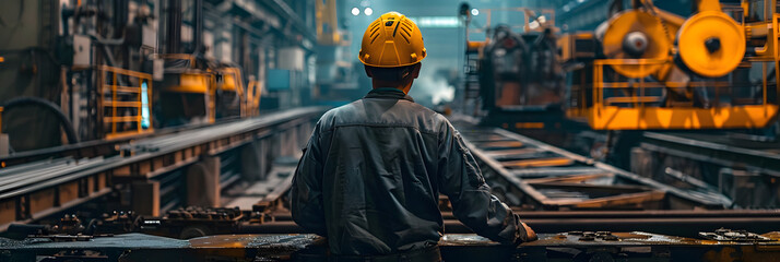 A skilled repairman wearing a yellow helmet works in an industrial factory, ensuring safety and overseeing production. - obrazy, fototapety, plakaty