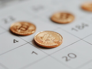 Minimalistic calendar image where each date is accompanied by a small gold coin. The concept of accumulation of wealth.
