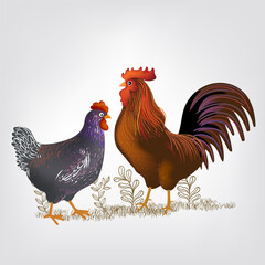  Chicken, hen, rooster cartoon domestic poultry farm animal collection. Line art, hand drawn.