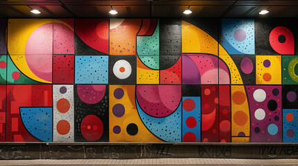 Naklejka premium Graffiti Odyssey: Abstract patterns and vibrant hues guide the viewer on a journey through the labyrinthine streets of urban expression