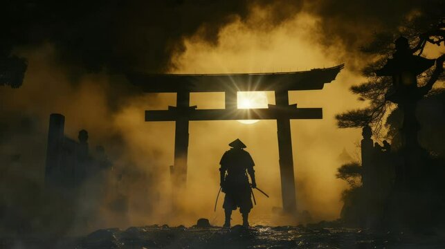 landscape of samurai silhouettes in front of the torii gate. Seamlessly looped animation.