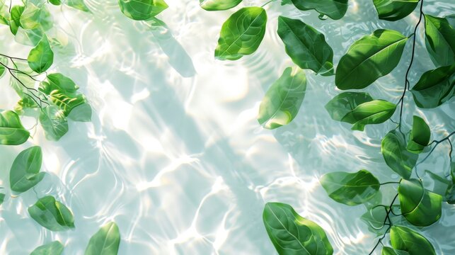 Transparent and clean white water and green leaf background sunlight reflection, top view, beauty backdrop, mock up, beauty backdrop, mock up, spa and wellness