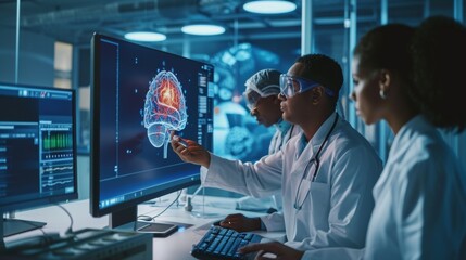 Fototapeta premium Two Neuroscientists Working With Computer&nbsp;-&nbsp;Powered VFX Hologram Of Human Brain And Nervous System In Modern Laboratory.&nbsp;Multiethnic Man And Woman Working On Technological Solutions for Brain Tumor