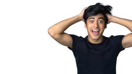 Shocked and amazed young man screaming from happiness, looking at camera with open mouth, wow surprised face expression, isolated on transparent background. Excited guy