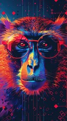 Futuristic Primate in Vibrant Digital Landscape Exploring Technology and Data Concepts