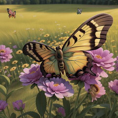 butterflies on a purple flower against a field background