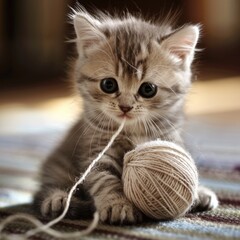 Adorable kitten playing with a ball of yarn - obrazy, fototapety, plakaty