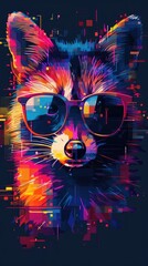 Vibrant Digital of a Cat Wearing Psychedelic Sunglasses with Futuristic Pixel Art Technology Background