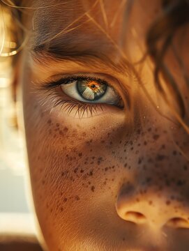 A close up of a boy's eye with freckles on his face