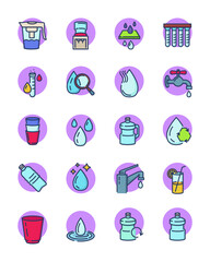Clean water line icons set. Filter, plastic bottles, tap, glass, dispenser, rain drops, office cooler, cleaner, aqua. Thin icon collection for fresh water for drink, water purifying topics