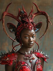 A dark-skinned woman with red crystal antlers and a matching red crystal bodysuit