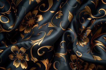 Elegance Unfolded: Black Luxury Cloth with Golden Floral Embroidery