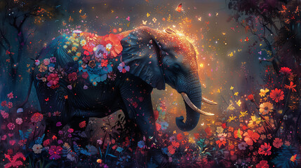 An enchanting elephant adorned in kaleidoscopic hues dances through a lush, abstract jungle-2
