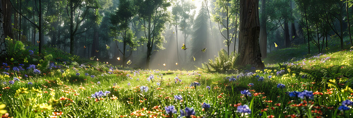 Spring Woodland with Blooming Bluebells Under Morning Sunlight, Magical and Misty Atmosphere - obrazy, fototapety, plakaty