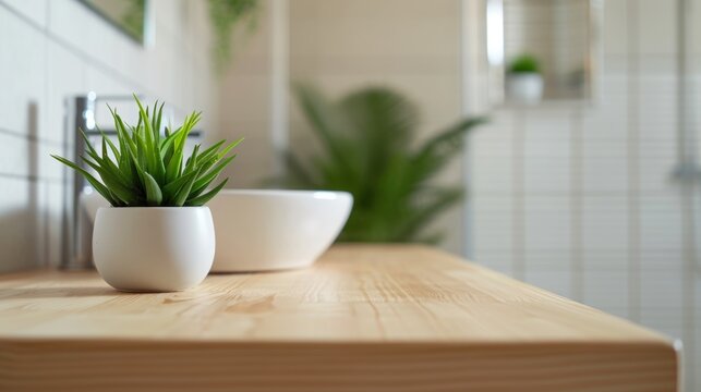 White bathroom interior. Empty wooden table top with plant for product display with blurred bathroom interior background