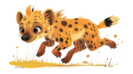 Deurstickers a Hyenas scavenging, complete with a cute,The scene is set against a pure white background, emphasizing the character dynamic pose and the delightful expression of determination on its face,chibi illu © Sukifli.D