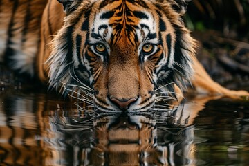 Obraz premium A detailed view of a tiger wading in a body of water, showcasing its powerful presence in its natural habitat
