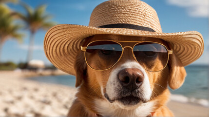 Cute funny dog in sunglasses and summer hat on the beach