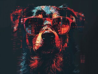 Digitally Rendered Vivid Canine in Shades Amid Futuristic Pixel Art Technology Background