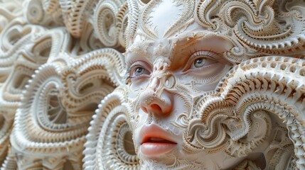 Close up of a womans face sculpture, showcasing intricate metal relief carving