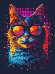 Vibrant Feline Fashionista in Colorful Pixel Art Sunglasses with Abstract Digital Data Background