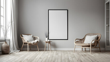 interior poster mock-up with vertical frame on the floor in scandinavian home interior 3d render