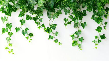 Green ivy branches hang from above on a white background