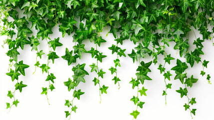 Green ivy branches hang from above on a white background - obrazy, fototapety, plakaty