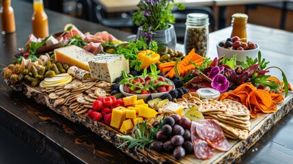 A beautifully arranged charcuterie board, but with vegan cheeses and meat alternatives, showcasing the creativity in plant-based cuisine.