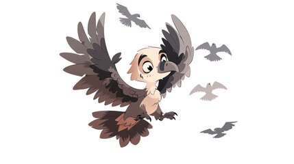 a Vultures circling above, complete with a cute,The scene is set against a pure white background, emphasizing the character dynamic pose and the delightful expression of determination on its face,chib