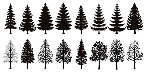 Tree cut out white background, multiple trees shapes patterns graphic resource nature woodland, generated ai