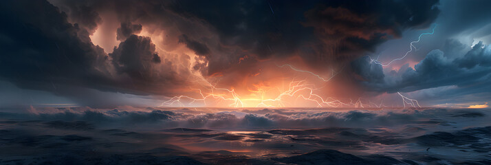Raging Storms Natures Drama Stormy ,Turbulent Skies and Restless WatersStormy ,Dramatic lightning storm over turbulent ocean,Painting of a sunset over a stormy ocean with waves.

 - obrazy, fototapety, plakaty